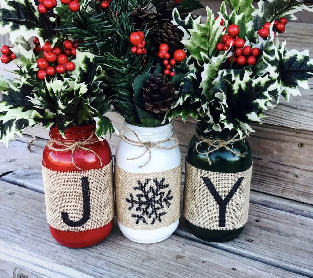 Patterned Burlap Wrapped Canning Jars