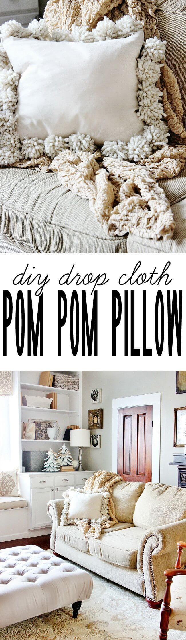 Shabby Chic Drop Cloth Pom Throw Pillow