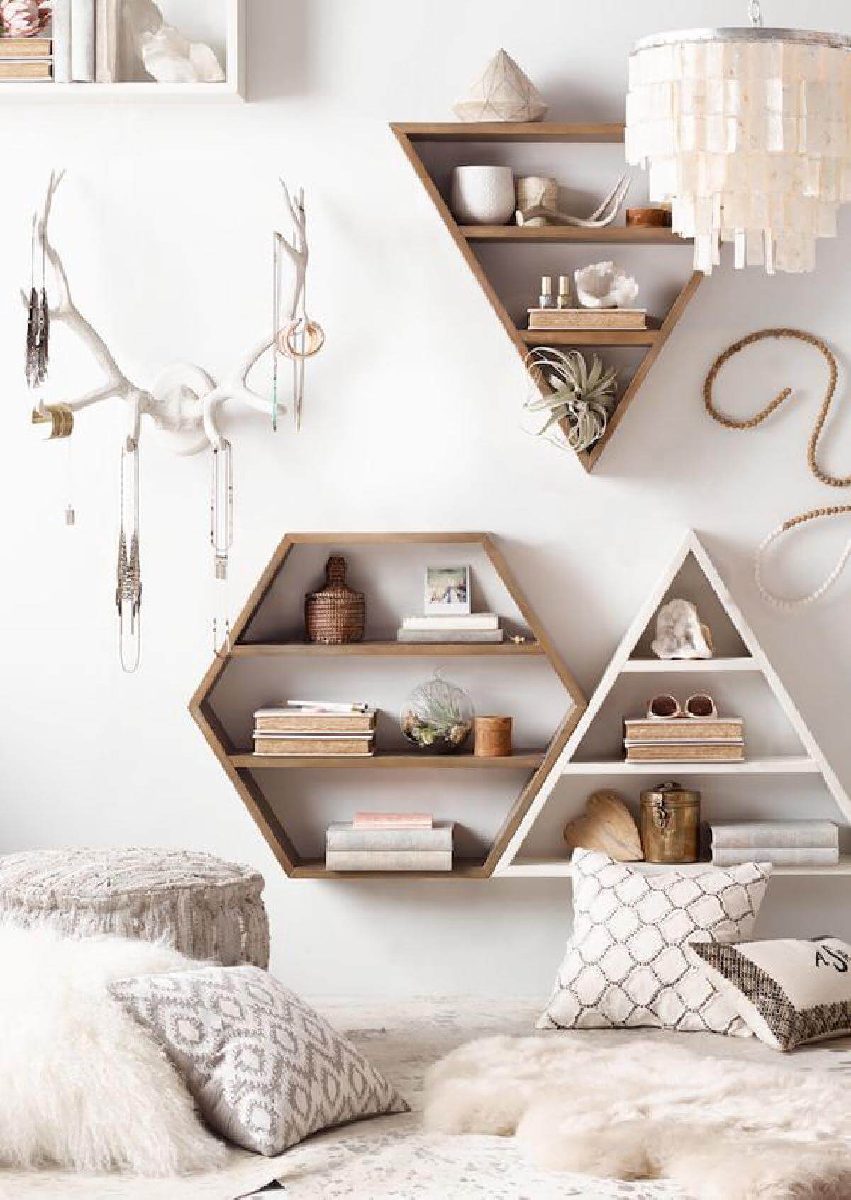 Set Of Wooden Rustic Geometric Wall Shelves