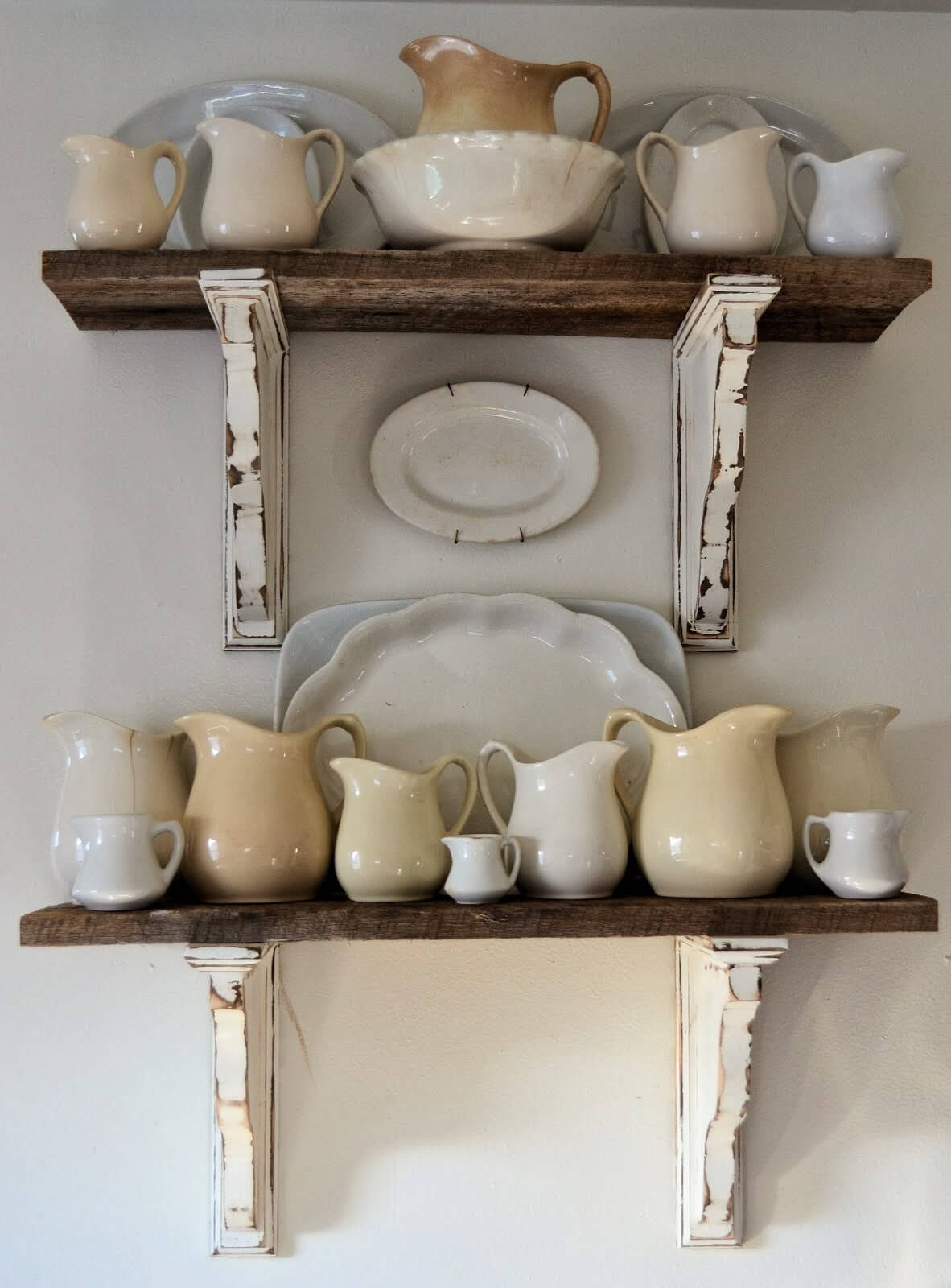Architectural Salvage Shelves with Antique Ironstone