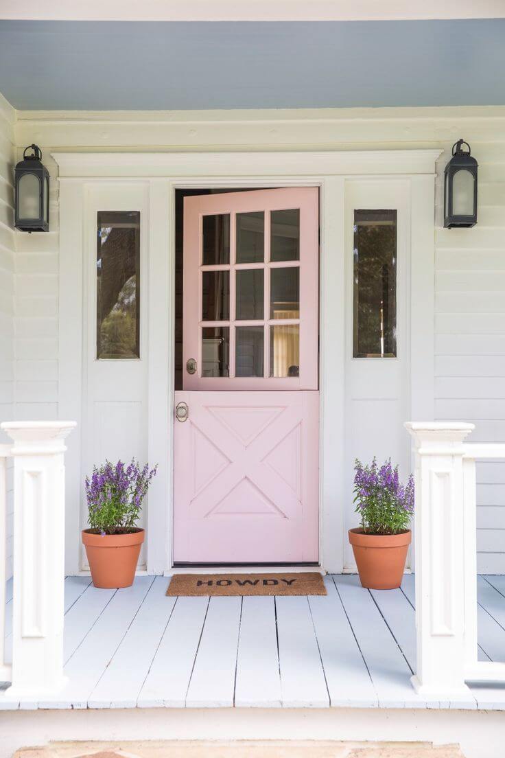 Pretty In Pink Front Door With Lavender Pots