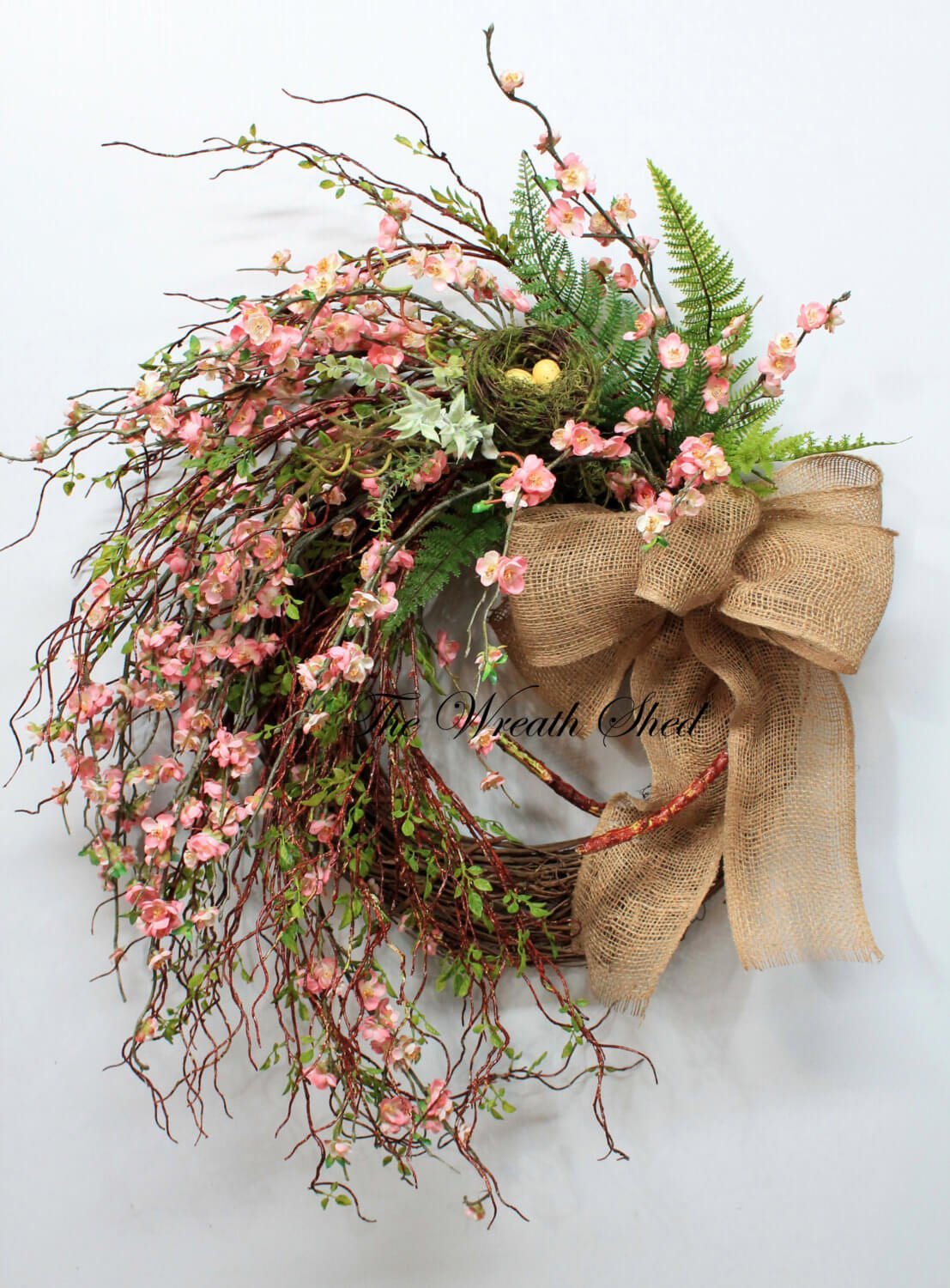 Pink Flower Spiral Wreath with Burlap Bow