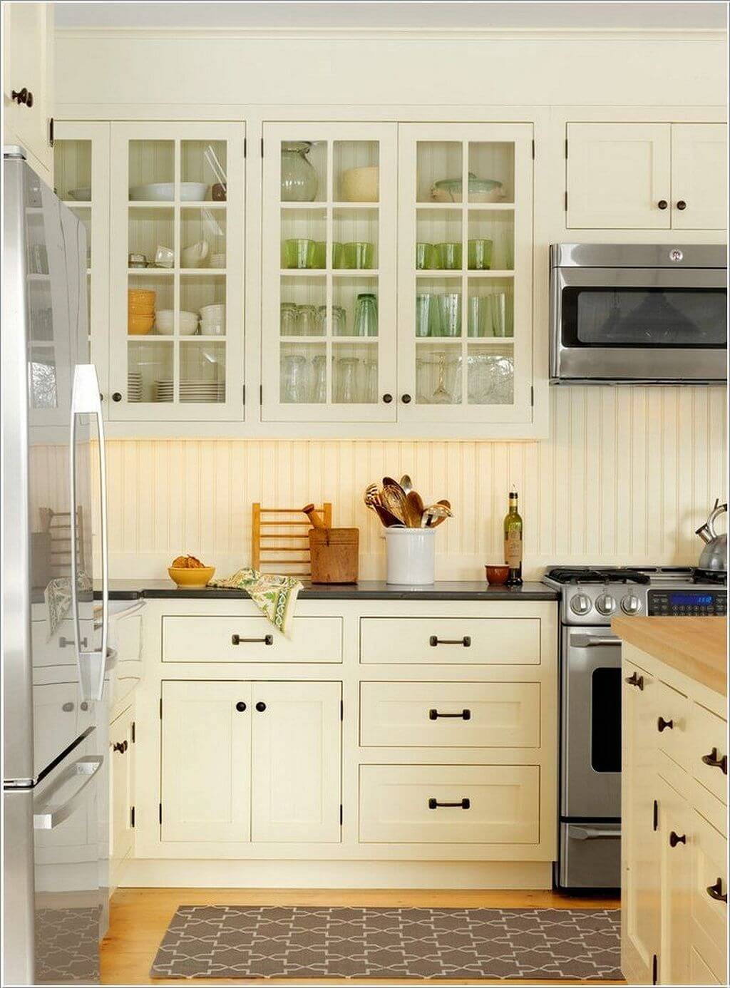 Open-Face White Paneled Kitchen Cabinets