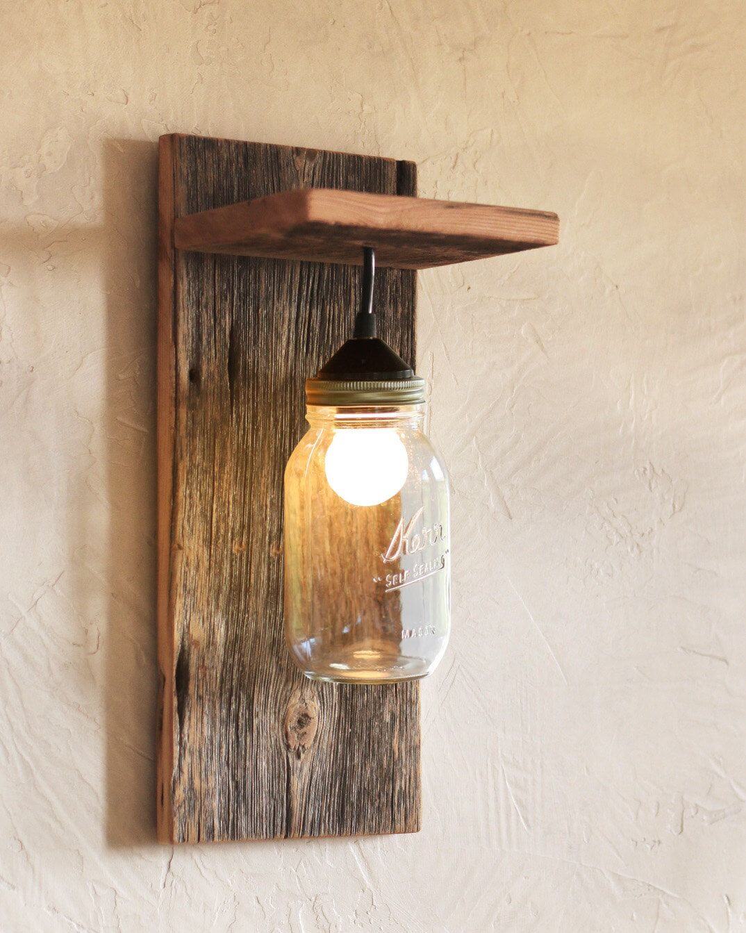 Raw Wood Wall Sconce With Mason Jar