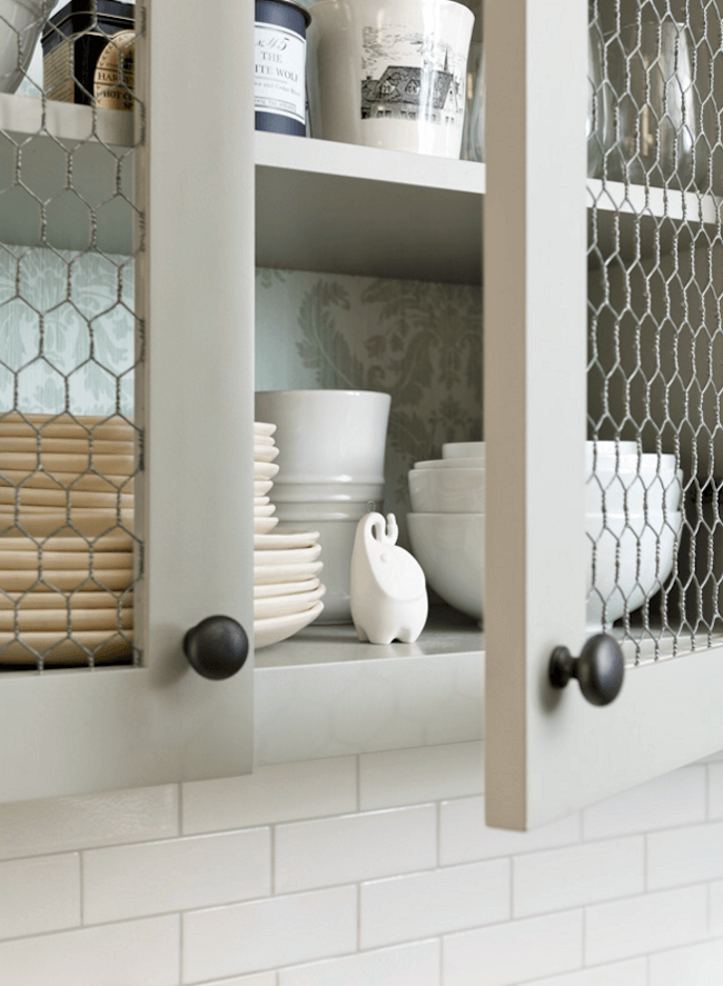 Light Olive Chicken Wire Open-Face Cabinets
