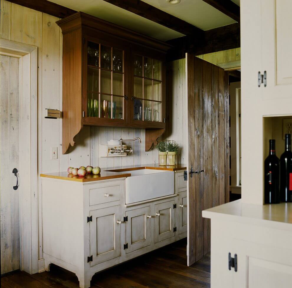 Contrast Cabinets with Dark Wood and Distress White