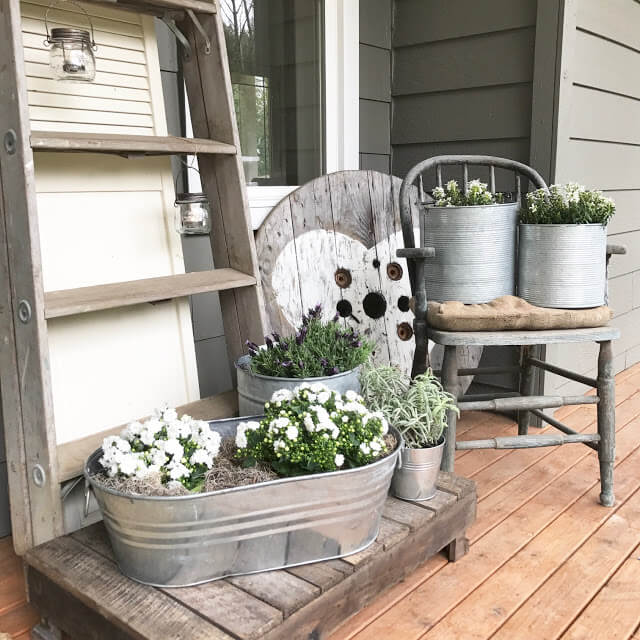 Metal Washtub with White and Greenery Arrangements