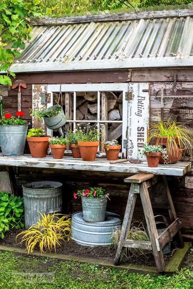 Easy Upcycled Door and Sawhorse Potting Table