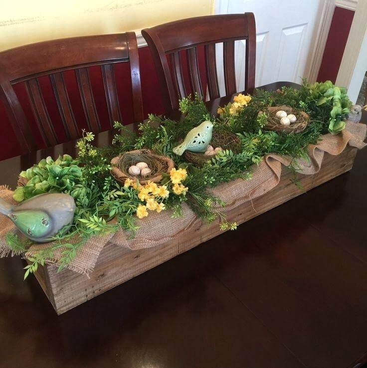 Burlap-lined Wood Box Centerpiece with Nests