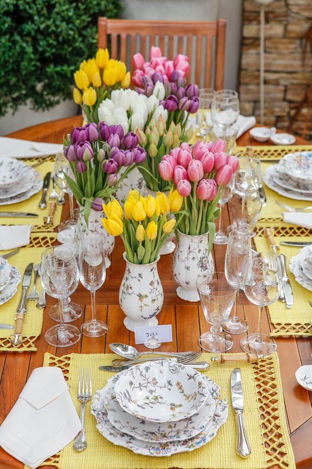 A Rainbow of Tulips in Vases