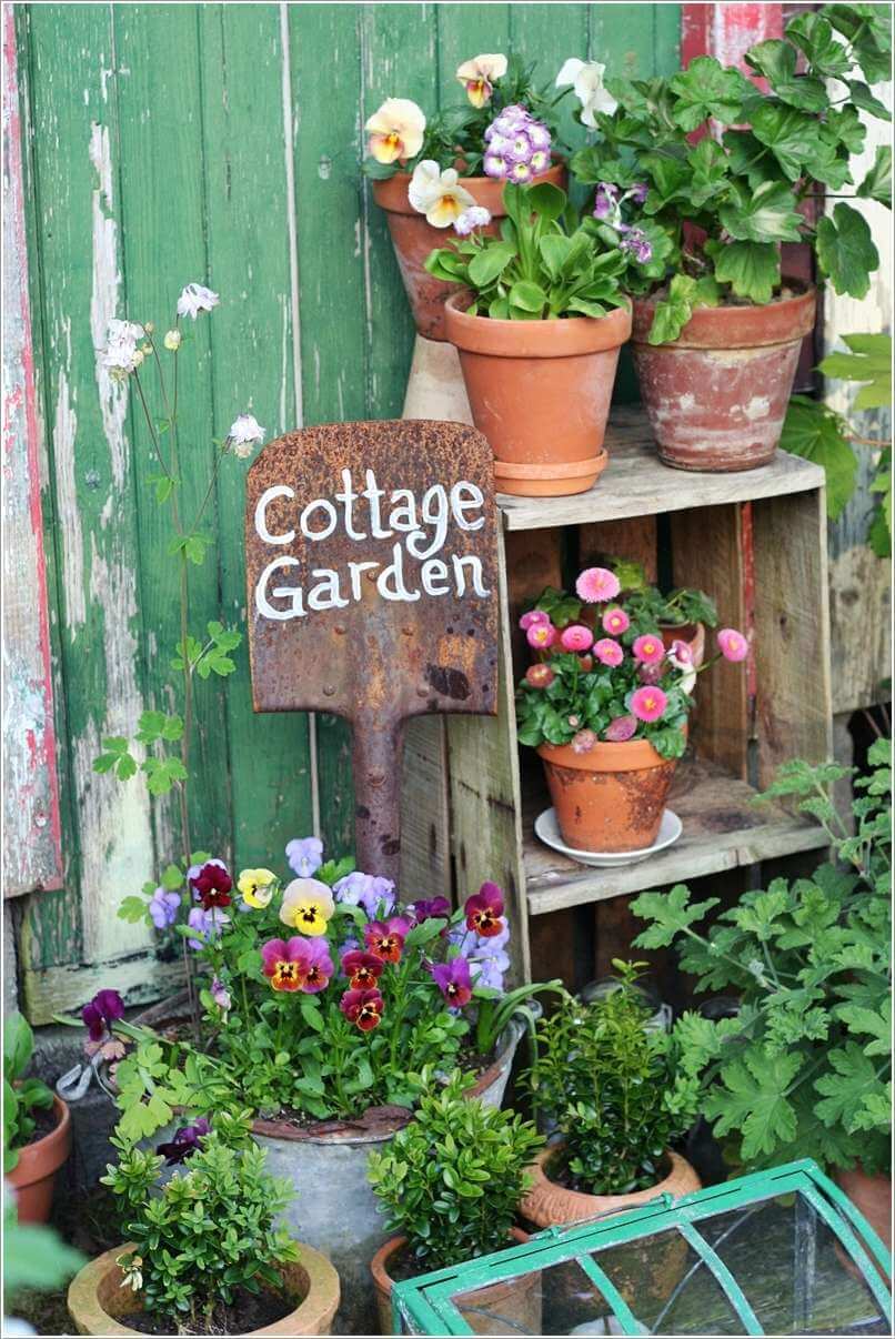 Outdoor Shelving with Shovel Sign