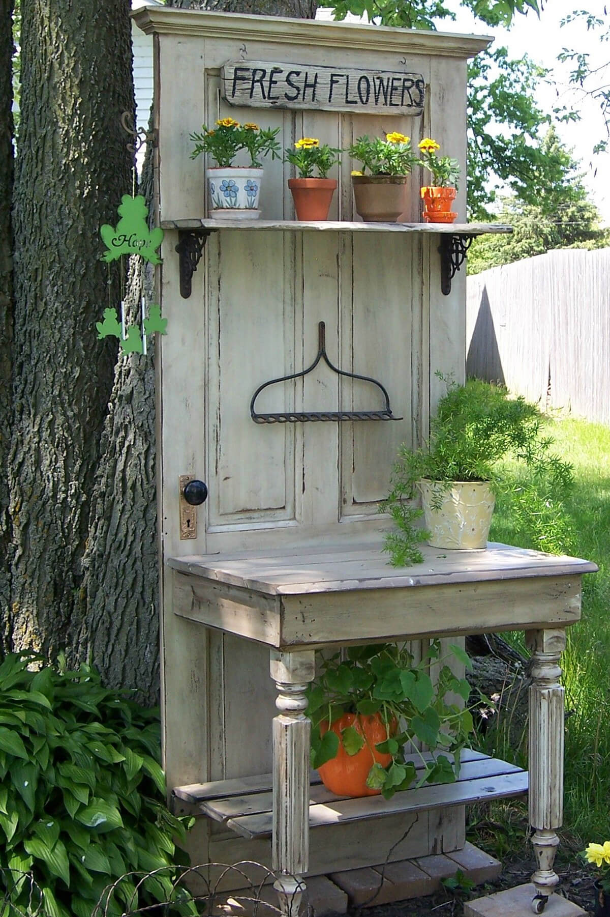 Repurposed Old Door Potting Bench Idea