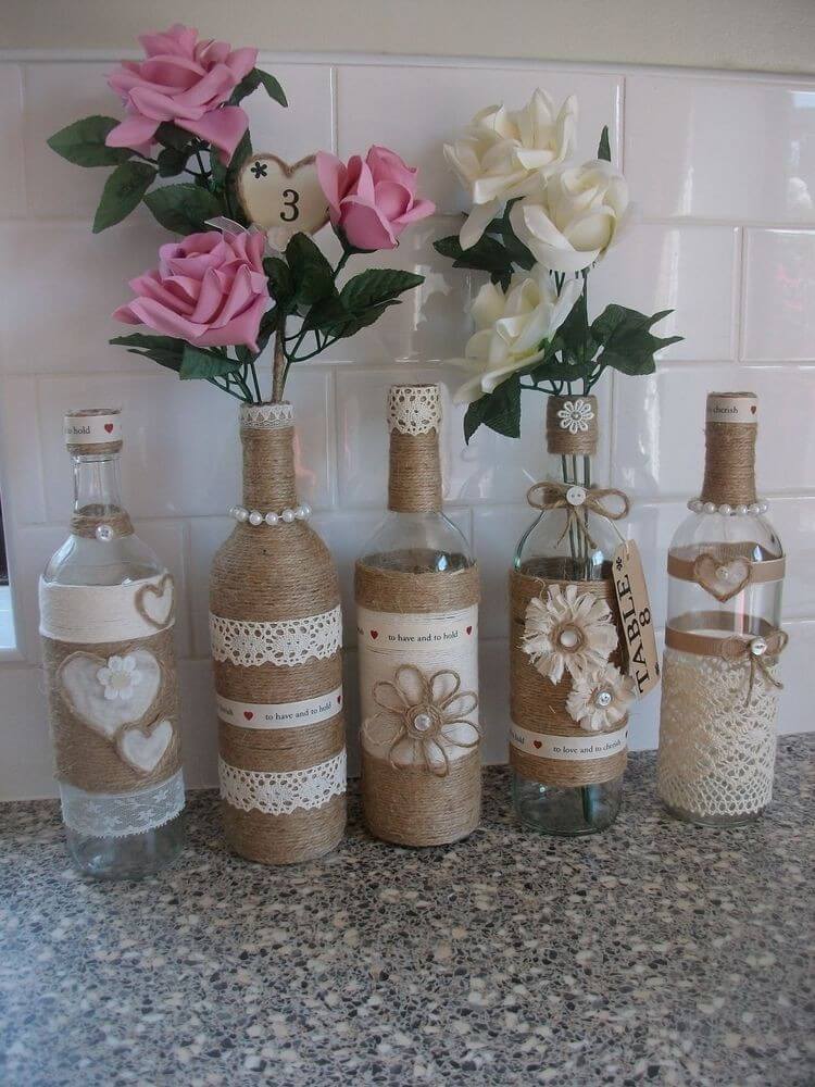 Vases Decorated With Rope, Lace, and Pearls