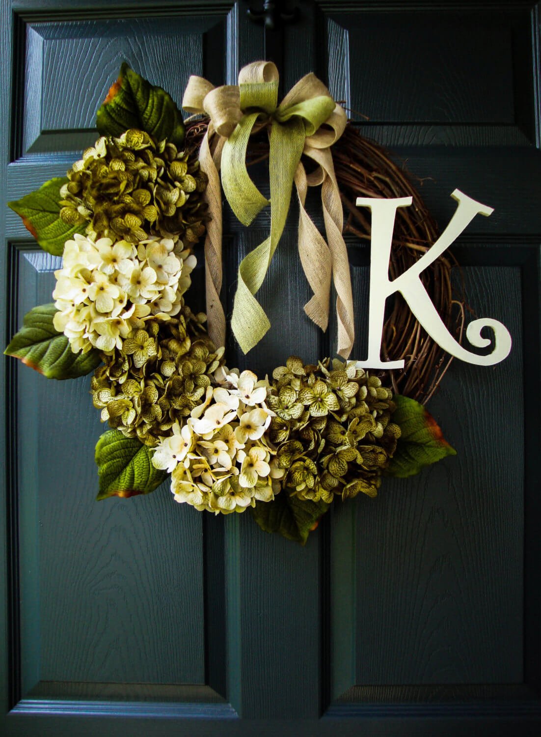 Initial Wreath With Twigs, Hydrangeas, and Ribbons