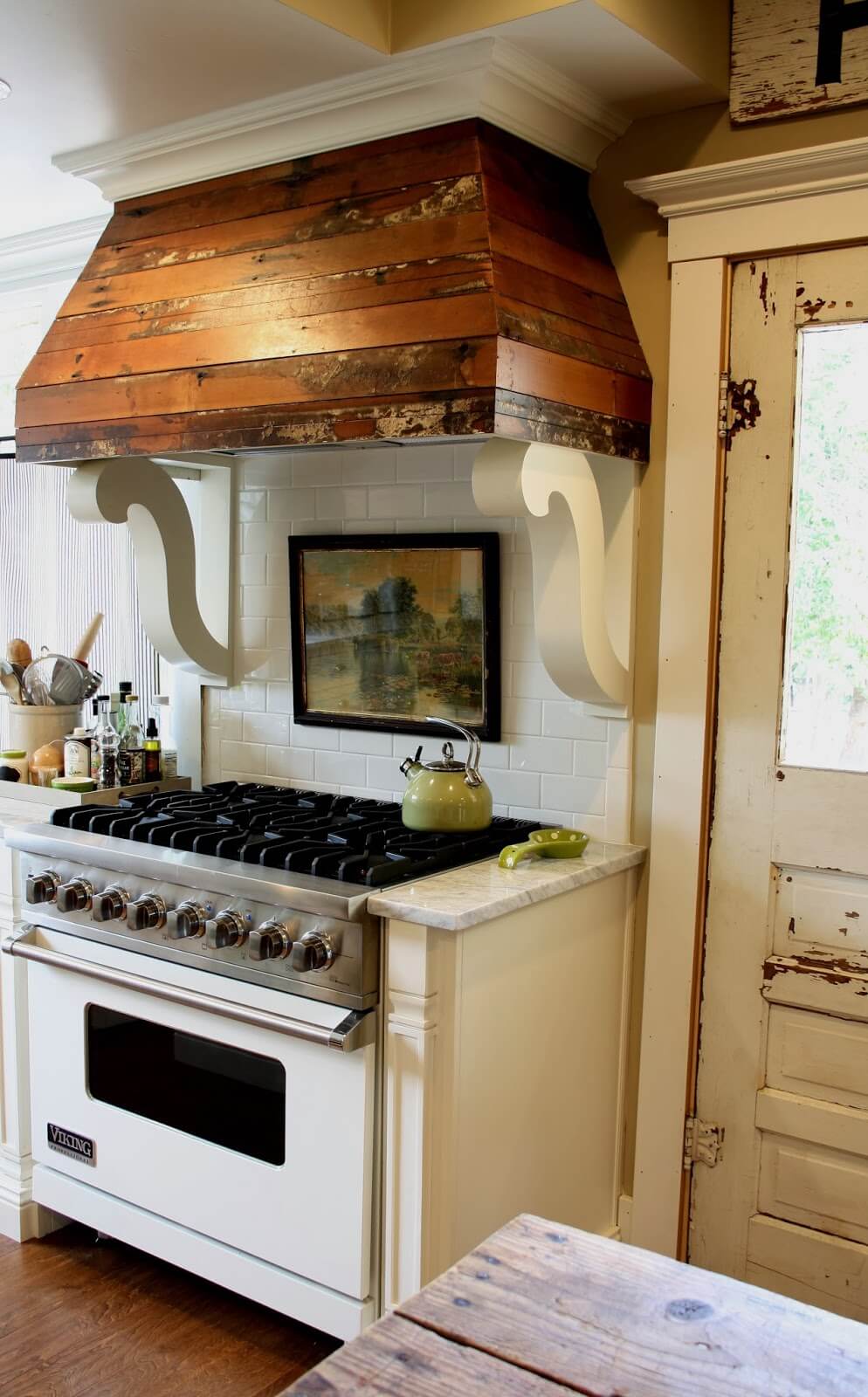 Reclaimed Wood and Scroll Range Hood