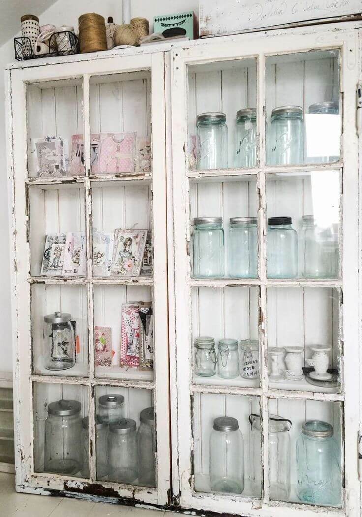 Distressed Antique Curio Cabinet With Mason Jars