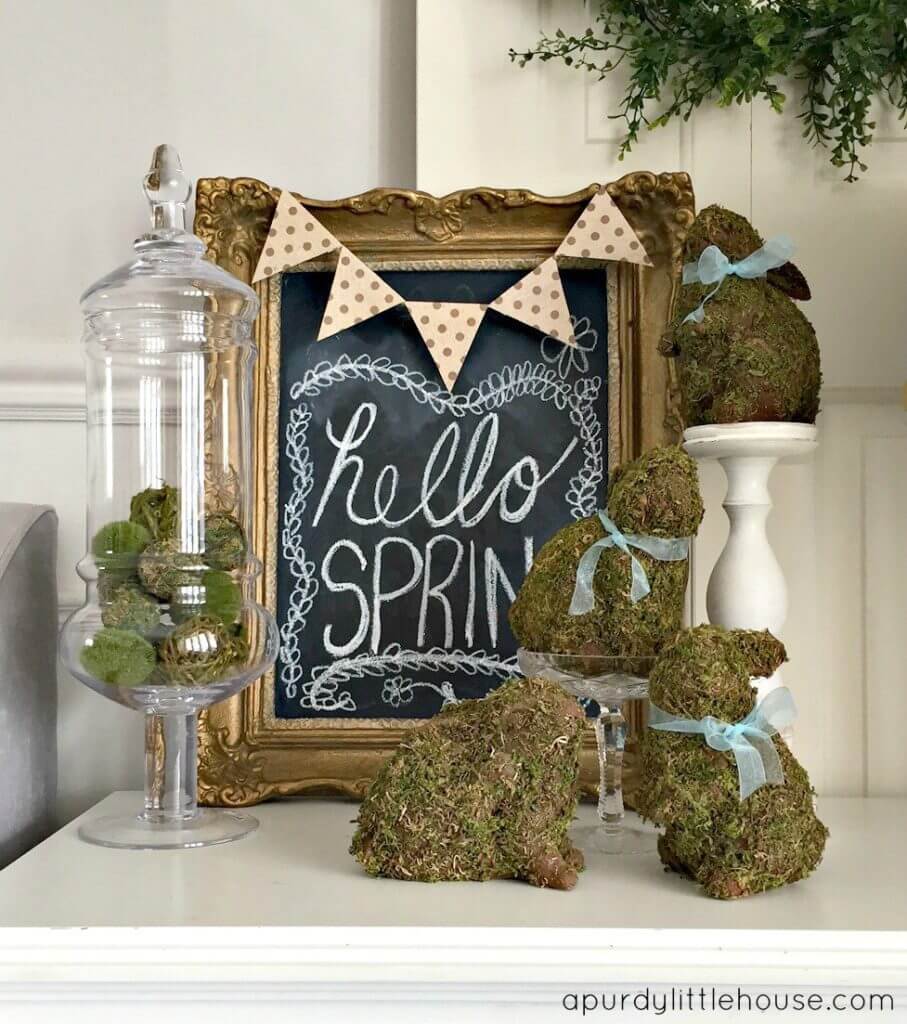 Ornate Framed Chalk Board and Mossy Bunnies