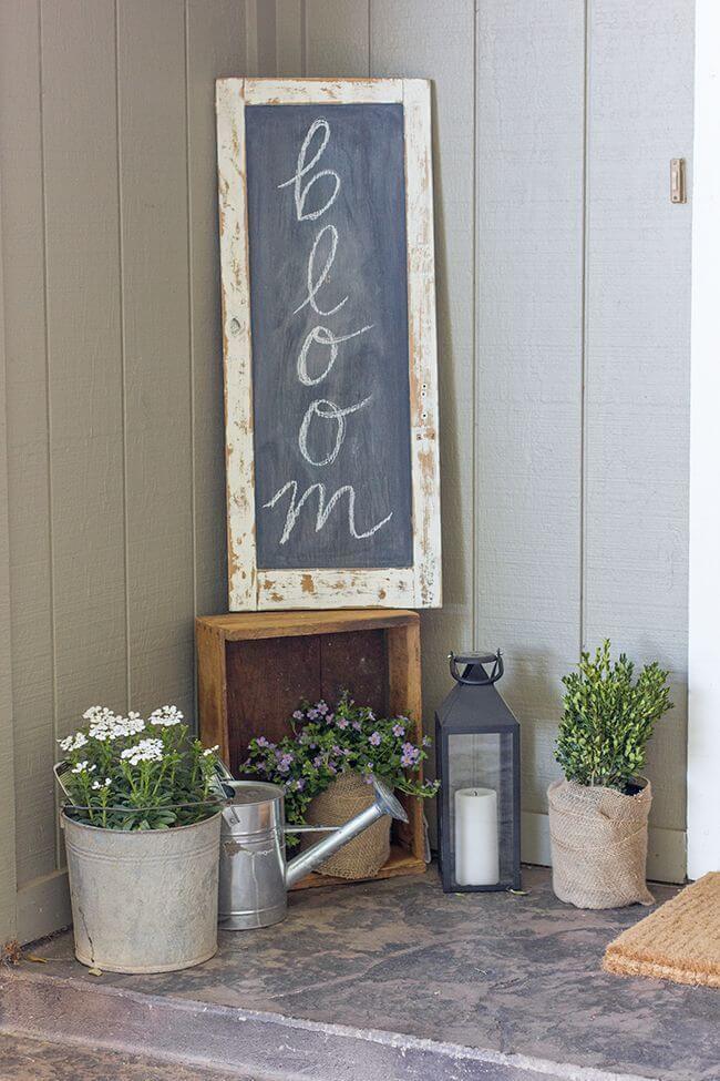 Chalkboard Sign, Galvanized Metal and Burlap Planters