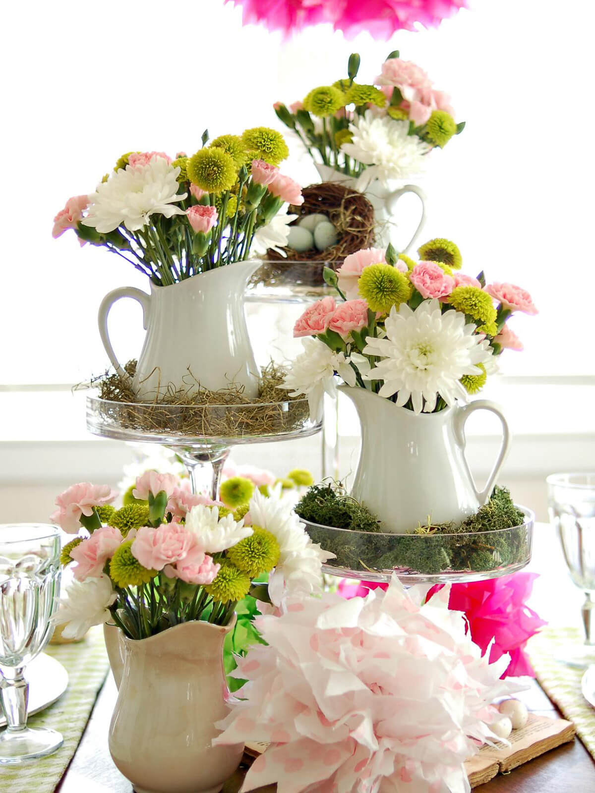 White Multi-Level Pitchers with Chrysanthemums