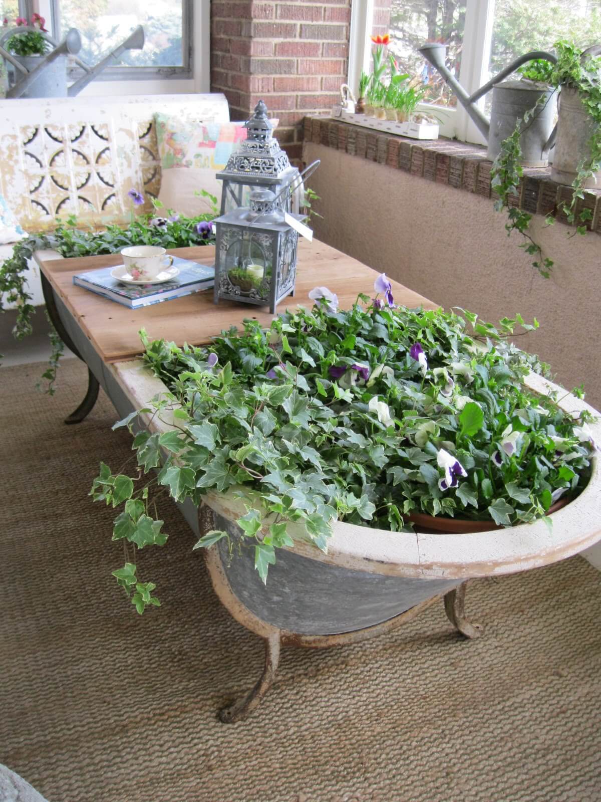 Cast Iron Tub with Pansies and Ivy