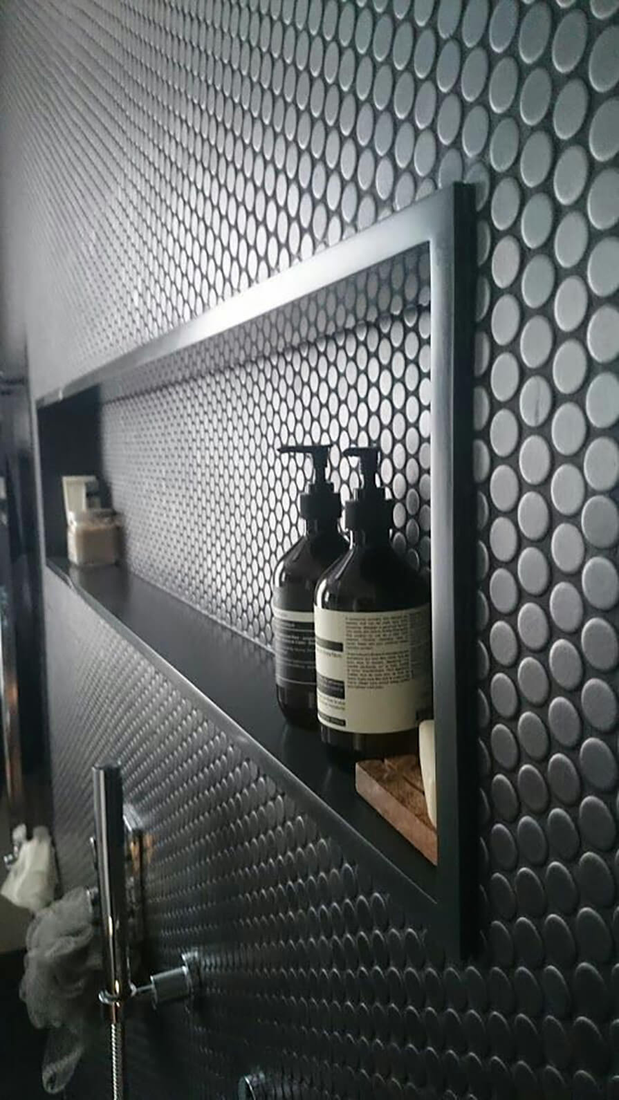 Recessed Shower Shelf with Polka Dot Tile