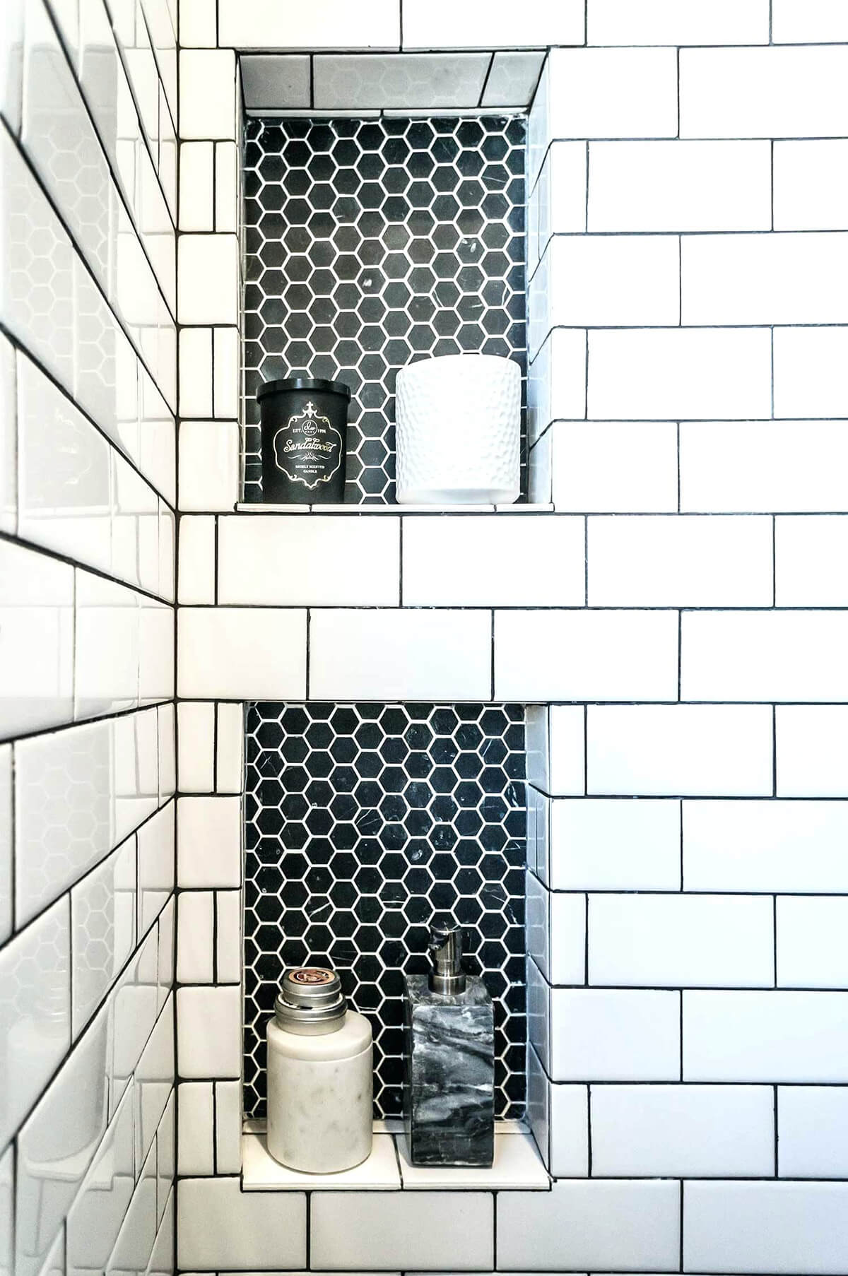 Built-in Tiled Shelves with Honeycomb Accent