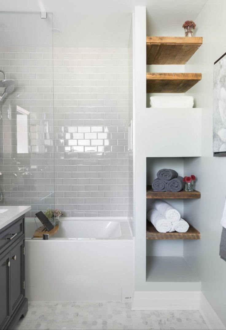 Open-faced Linen Closet with Distressed Wood Shelves