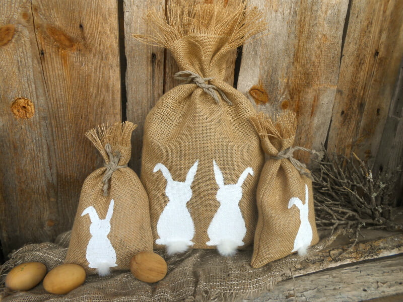 Burlap Gift Bags with Fuzzy Easter Bunny Tails