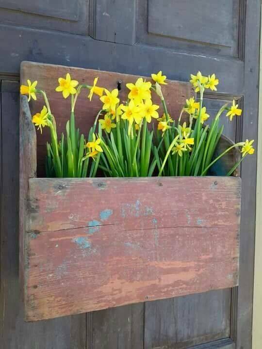 Colgador de puerta de madera envejecida con narcisos