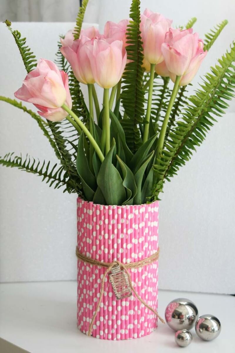 Straw Vase with Ferns and Tulips
