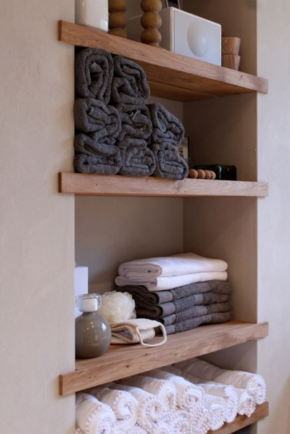 wood shelves in bathroom