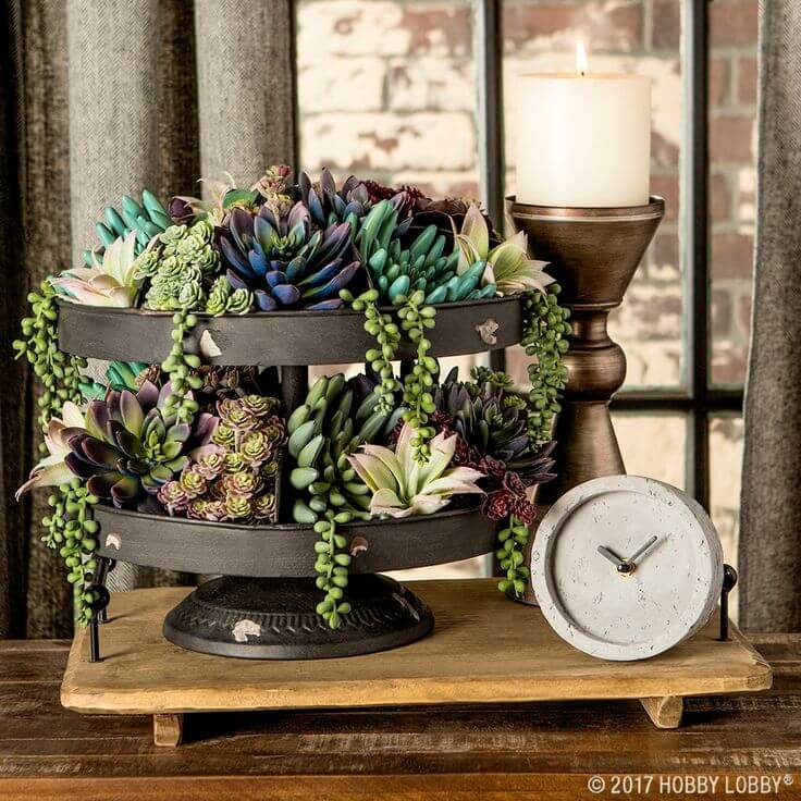 Metallic 2-tiered Succulent Garden with Decorative Base