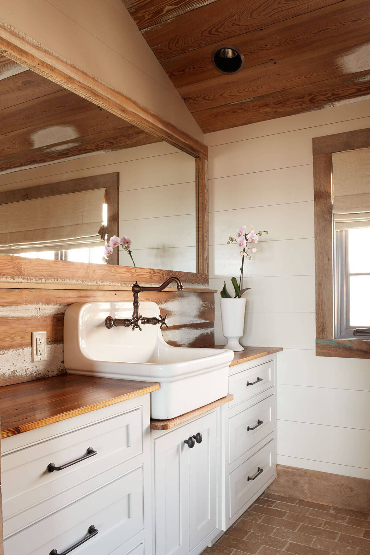 Rustic Wood Backsplash with Unique Sink Basin