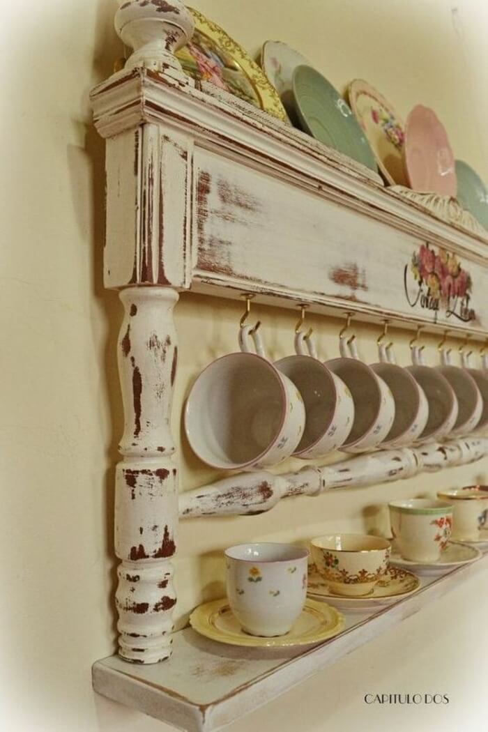 Distressed Wood Floating Shelf With Mug Hooks