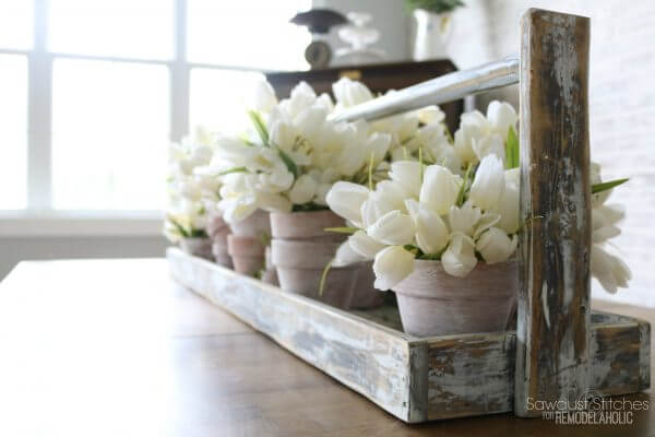 Springtime Potted Flowers in Weathered Wood Caddy