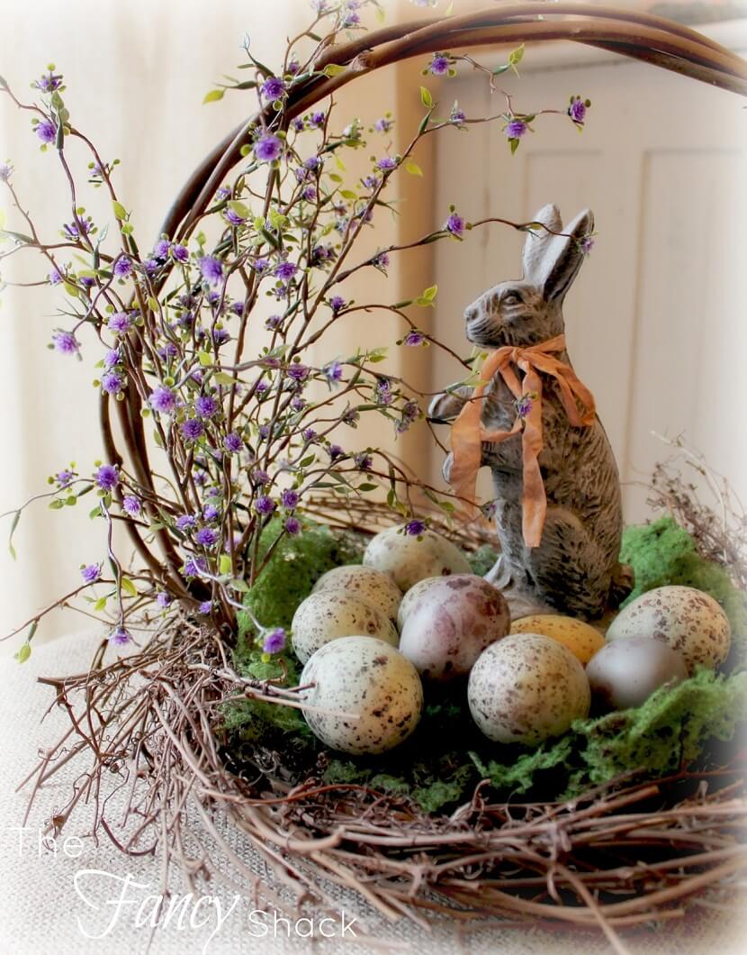 Basket With Speckled Eggs Bouquet And Bunny Homebnc   27 Rustic Easter Decoration Ideas Homebnc 