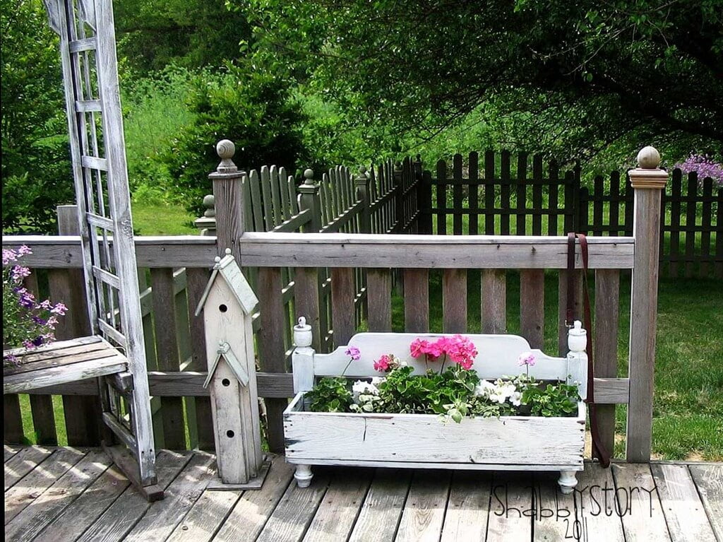 Antique White Wooden Flower Planter and Birdhouse