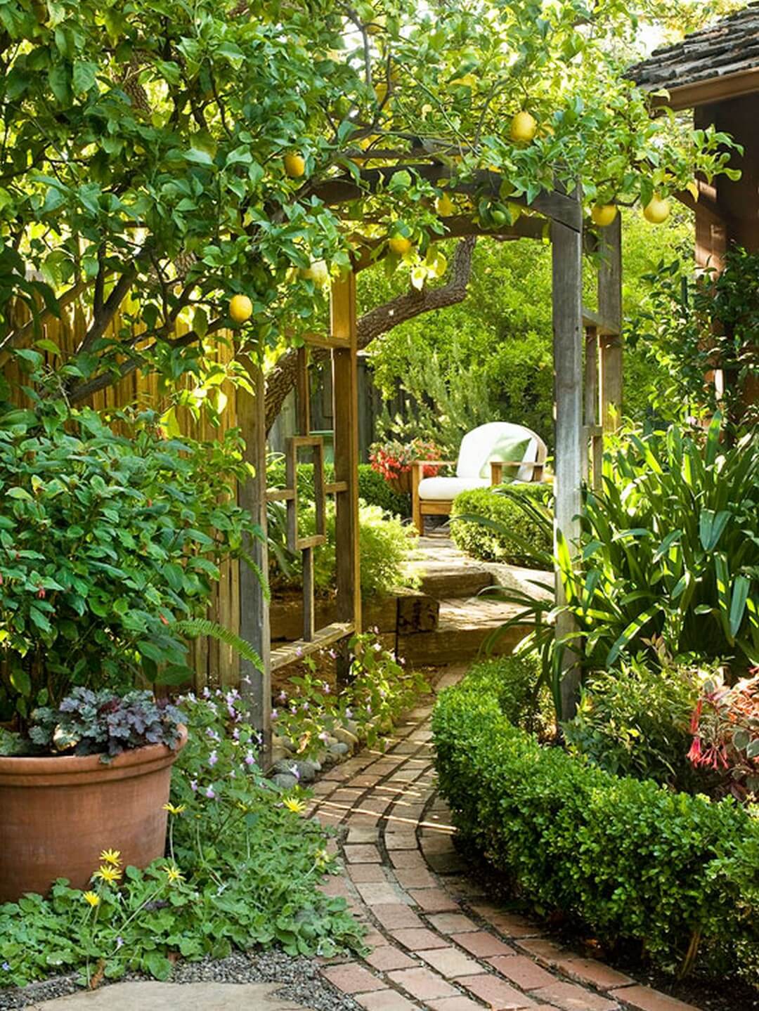 Curving Brick Path and Shady Seating