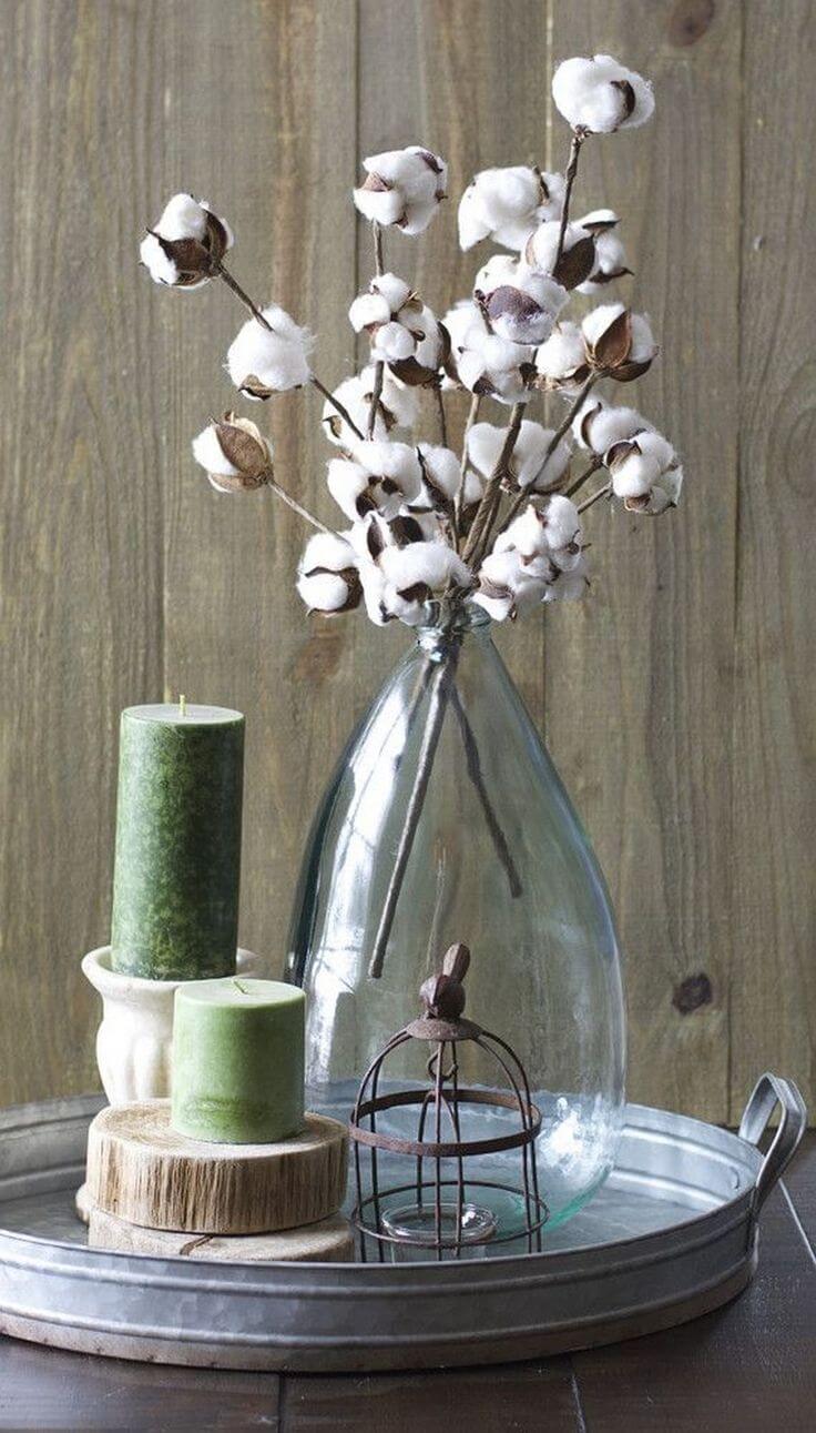 Galvanized Metal Tray with Pretty Cotton Bouquet