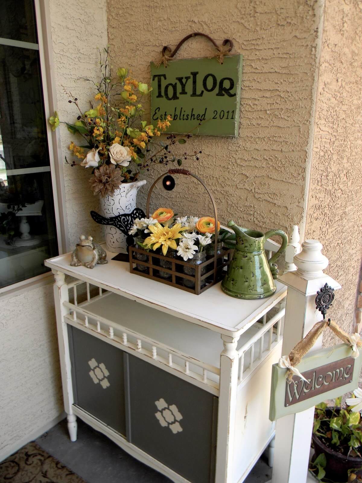Antiqued Outdoor Hutch With Tawny Floral Bouquets