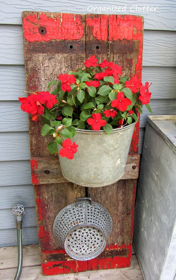 Distressed Wooden Panel With Galvanized Metal Planter