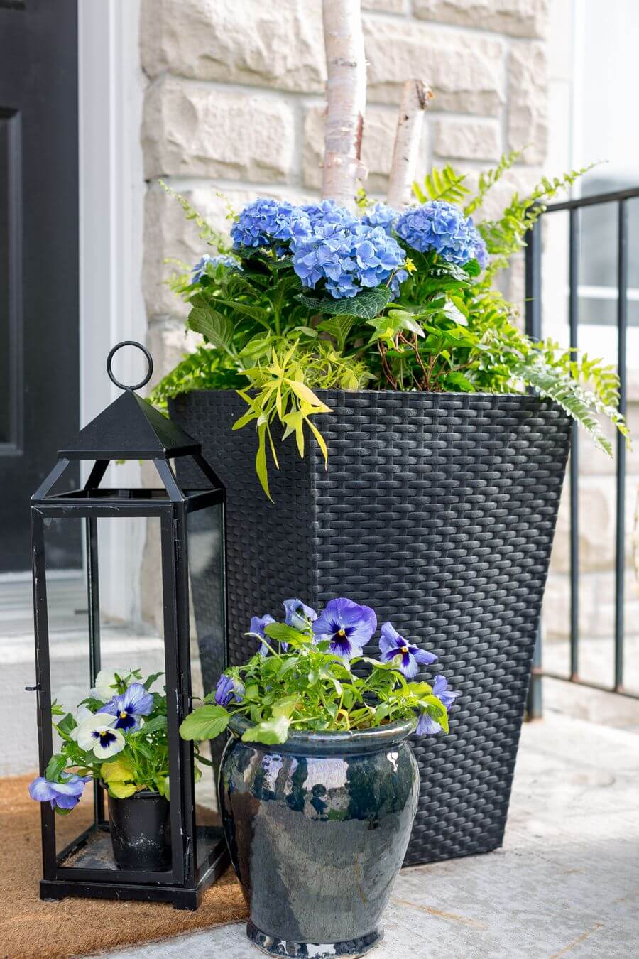 Hortensias en una cesta con pensamientos