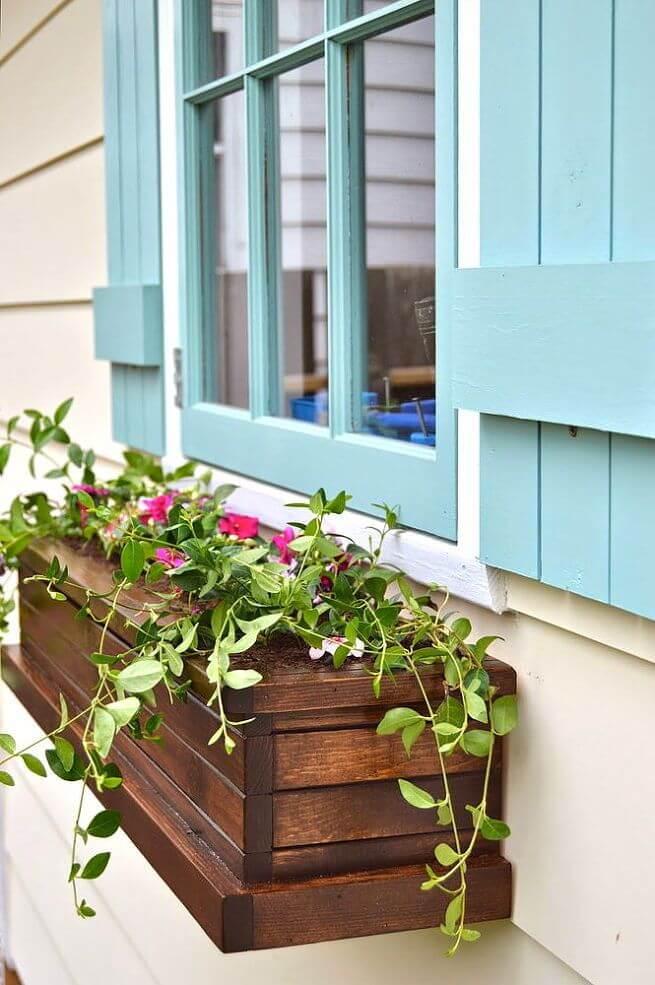 Cute Slatted Wood Window Box With Flowers