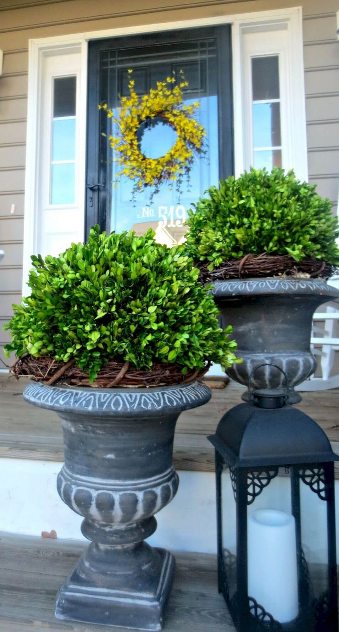 Footed Planters with Boxwood and Wreaths