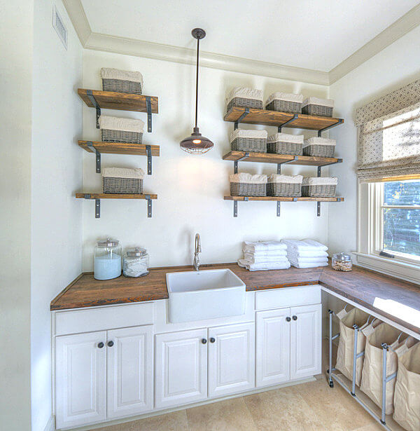 Clean White Cabinets with Hanging Shelves