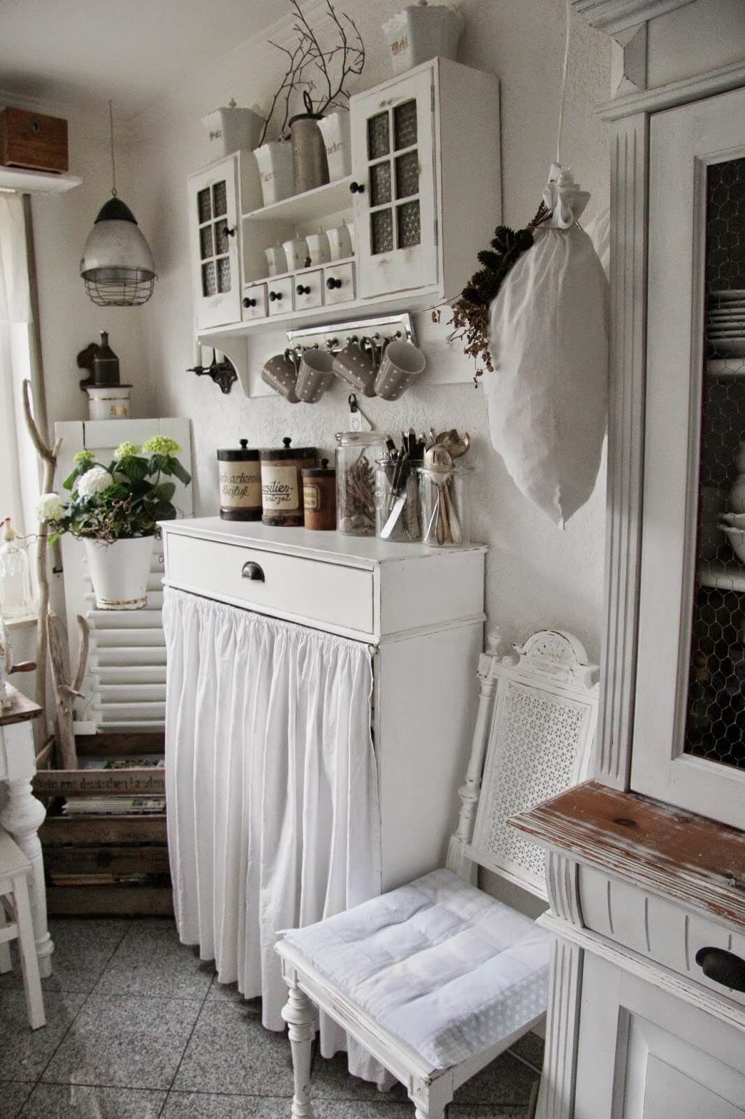 Sideboard with Long White Curtain