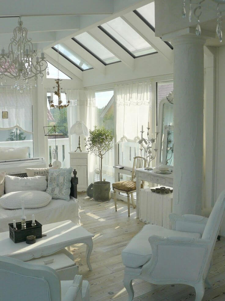 Serene Space with Chandeliers and Skylights