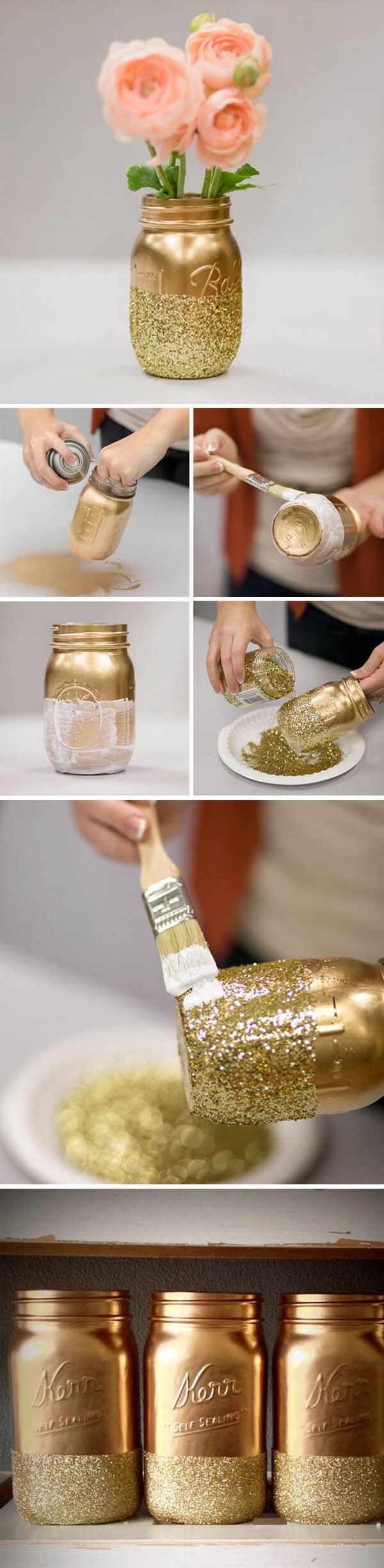 Golden Mason Jars with Glitter Bases