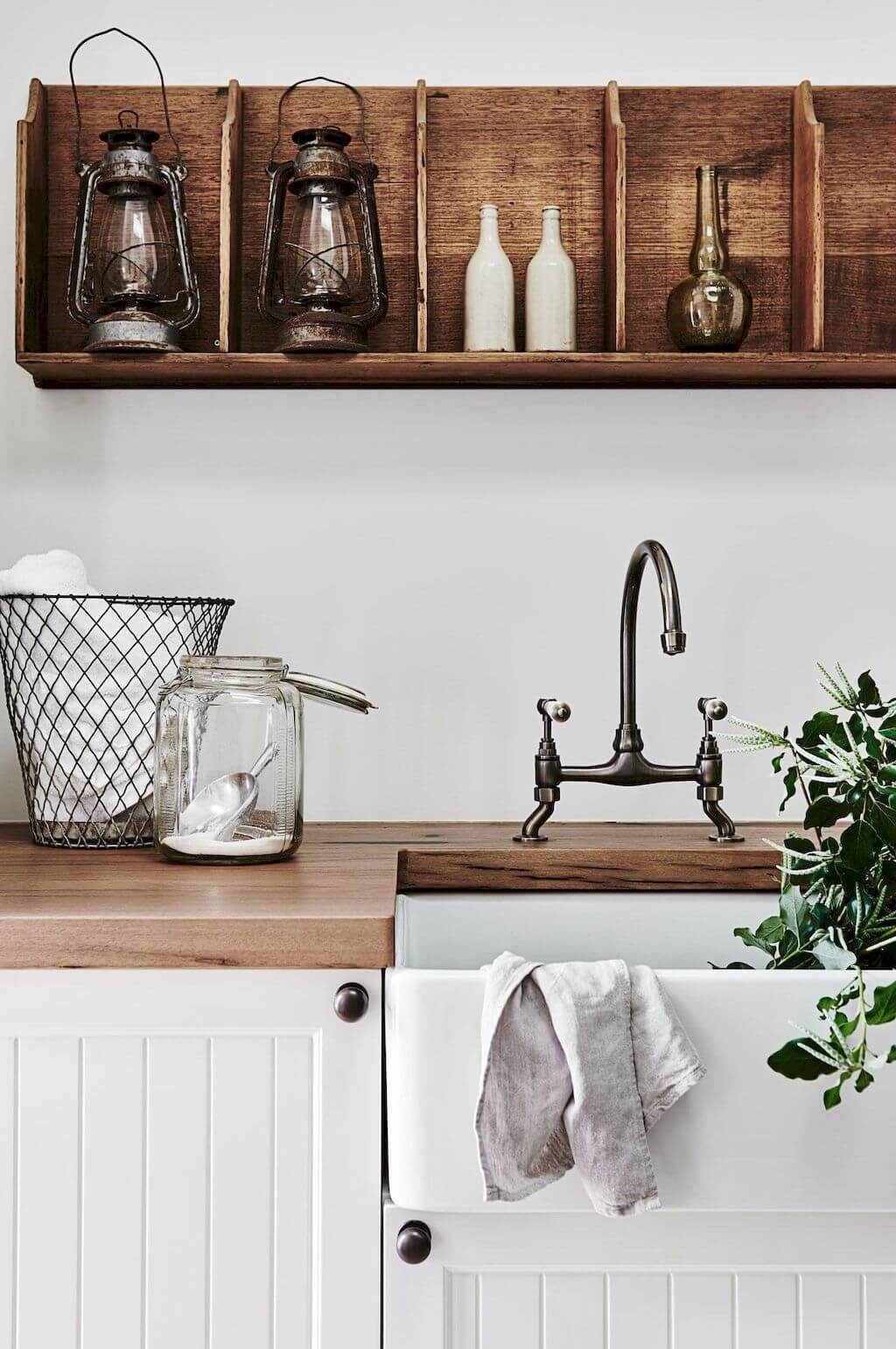 Open Shelving with Antique Lanterns