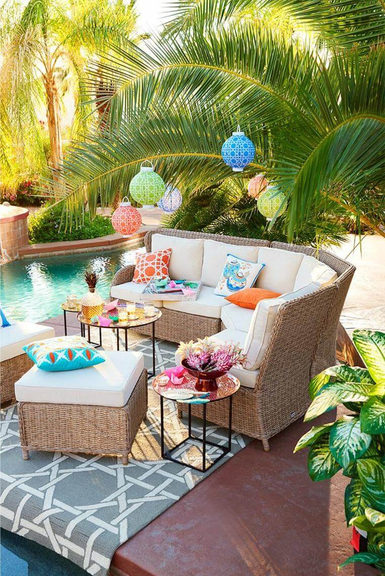 Colorful Poolside Seating Area with Wicker
